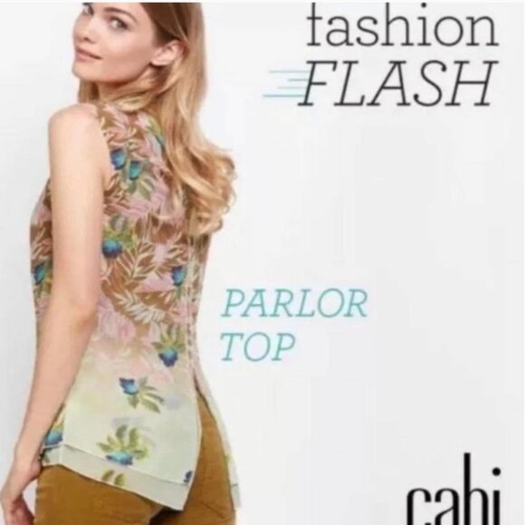 CAbi  size Large Tropical Print Parlor Sleeveless Split Back Blouse #5216 - Picture 2 of 8